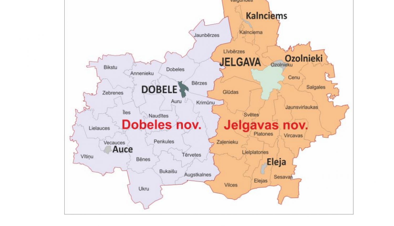 Viduslatvijas reģionālā atkritumu apsaimniekošanas plāna daļas Jelgavas valstspilsētas,  Dobeles un Jelgavas novadu teritoriju karte